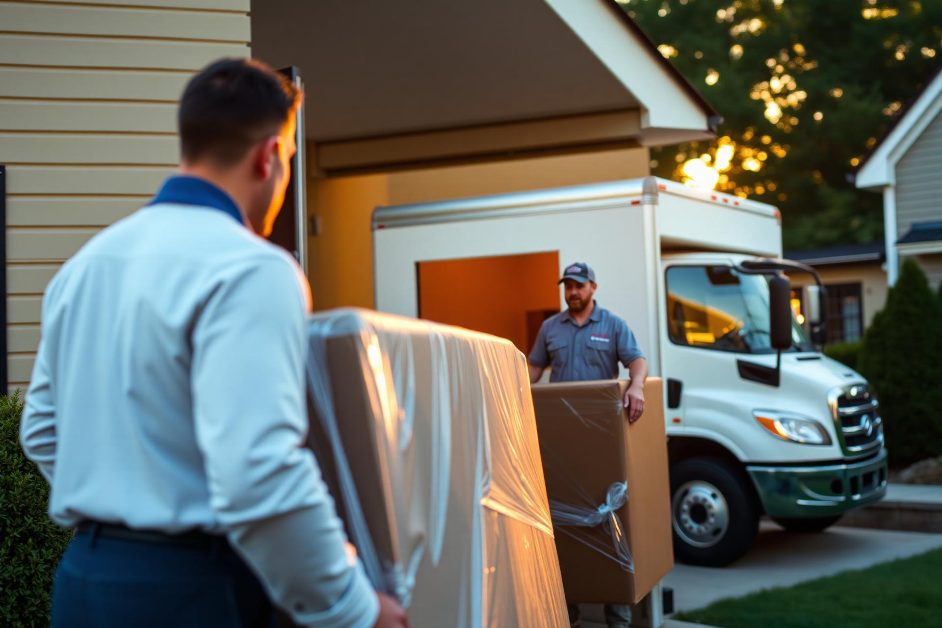 Professional movers carefully loading a wrapped item into a moving truck at golden hour